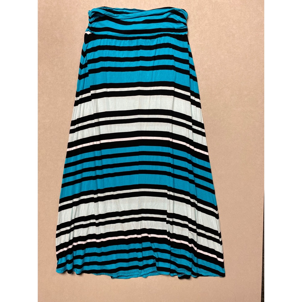 Merona Blue Black Striped Maxi Skirt Fold Over Waist Size Medium